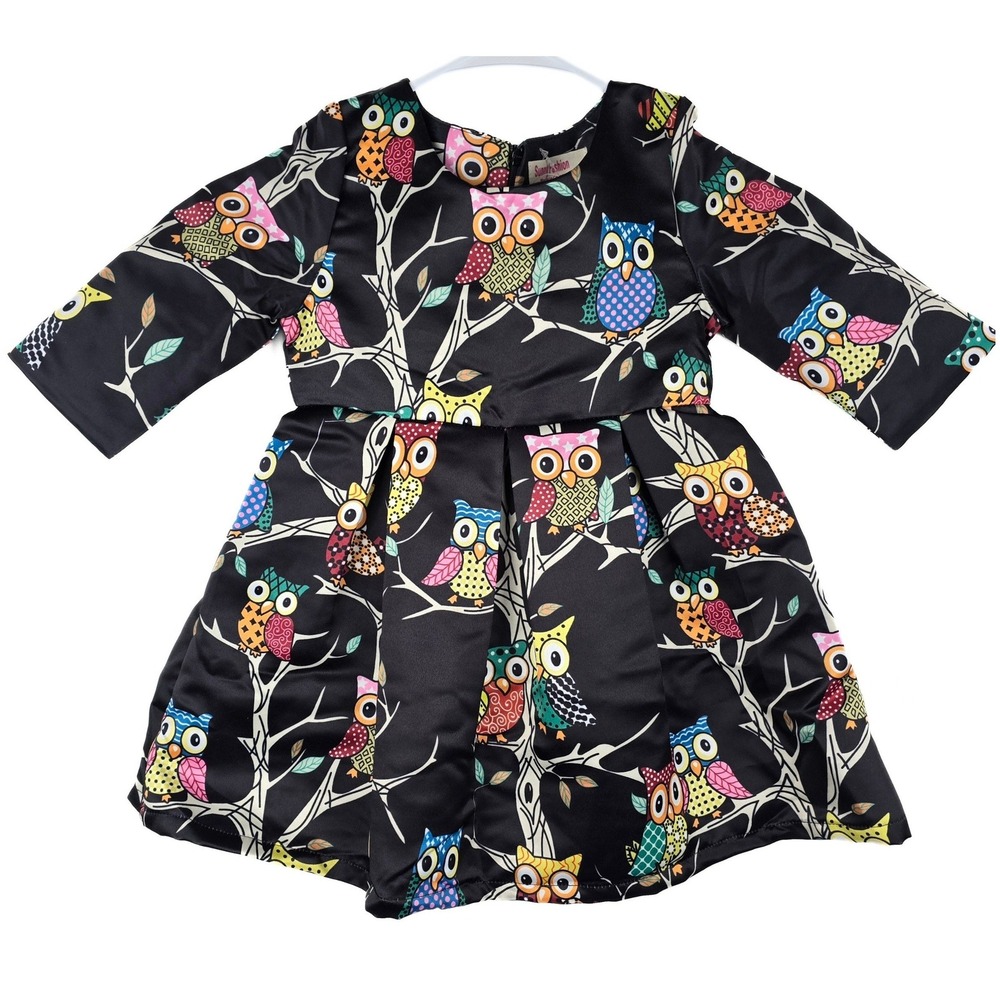 Sunny Fashion Girls Owl Print Long Sleeve Party Dress Black Satin Size 4